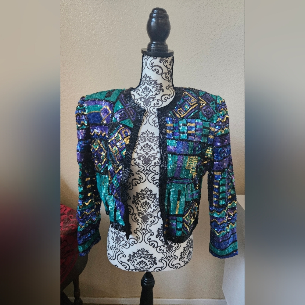 Vintage Women's 80s Retro Laurence Kazar New York Sequin Mini Silk Jacket